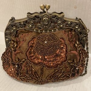 BELSEN Women's Vintage Bronze/Brown Satin Beaded Sequin Flower Evening Handbag
